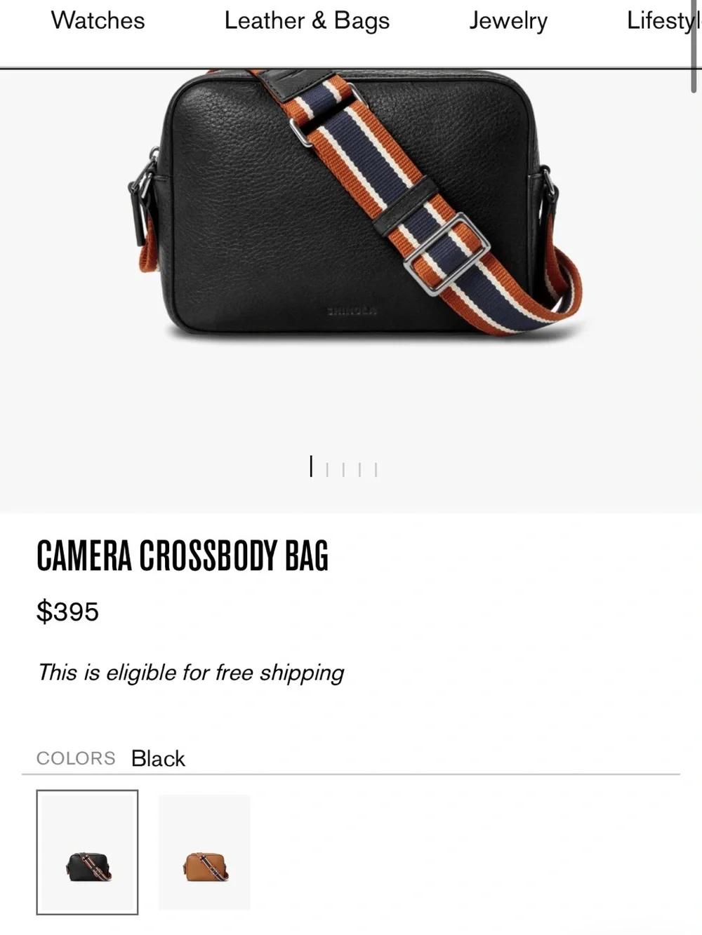 Shinola Camera Crossbody Bag Black with Navy, White & Rust Strap